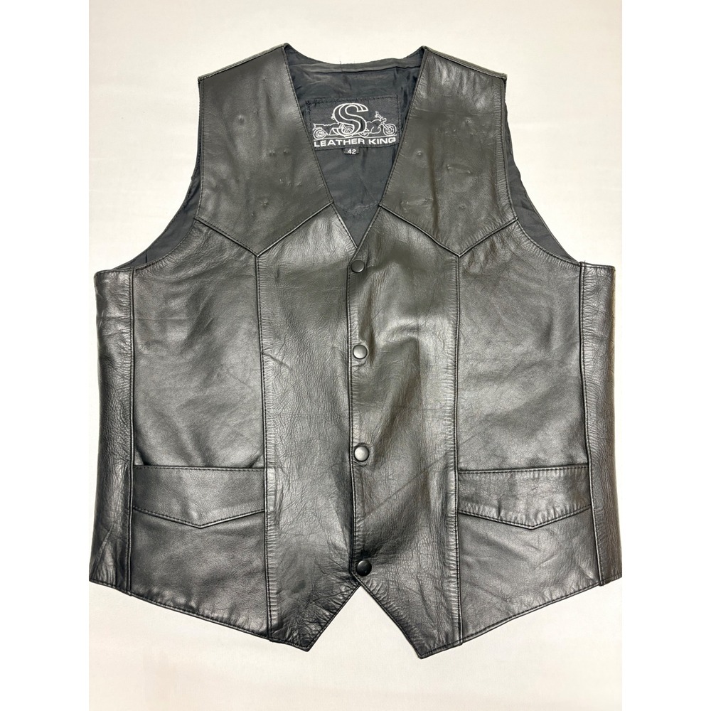 Leather King Mens Black Leather Motorcycle Vest Harley-Davidson Patch Size 42
